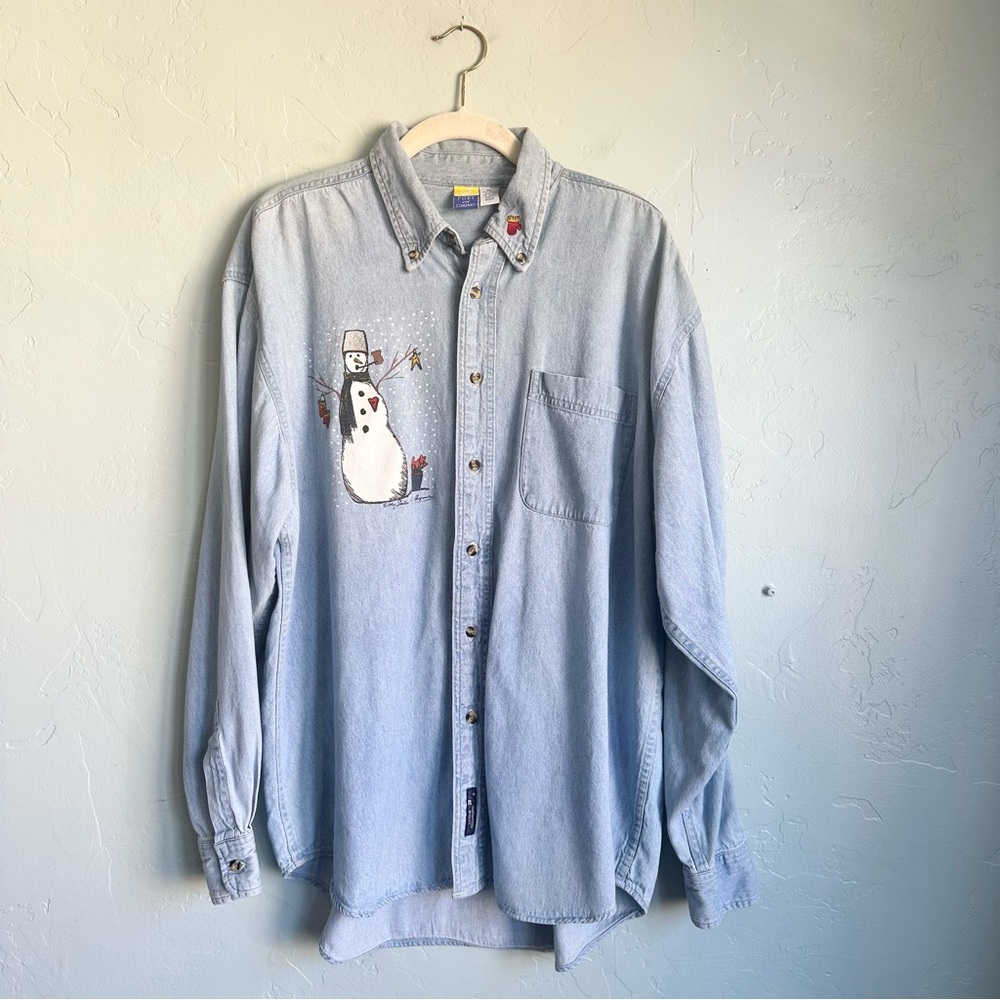 Port & Company Vintage Button Down Denim Shirt Winter Holiday Snowman XL EUC
